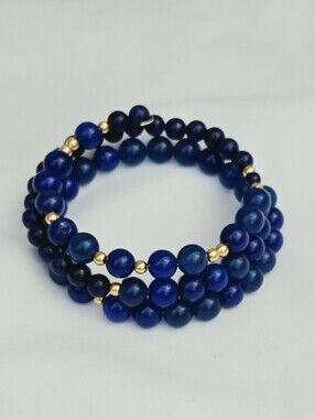 Elegant Lapis Lazuli Beaded Memory Wire Wrap Bracelet with Gold Accents